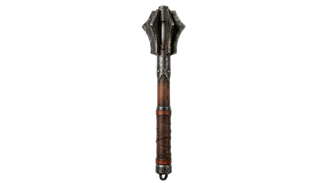 Medieval knight mace with heavy flanged metal head, sturdy shaft, leather-wrapped grip, and authentic historical weapon craftsmanship. Photorealistic, side 3/4 view, vertical orientation,