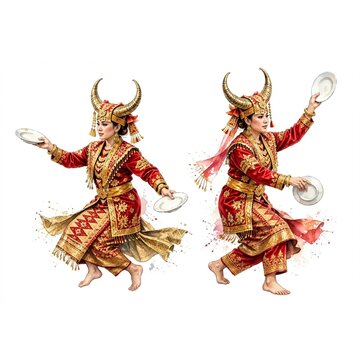 Traditional Tari Piring Plate Dance Minangkabau West Sumatra Watercolor Illustration Isolated White Background