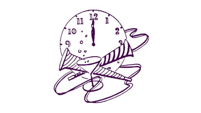 Purple line art New Year midnight clock with party horns and streamers, hand drawn countdown illustration on white background, perfect for New Year's Eve celebration cards, posters and invitations