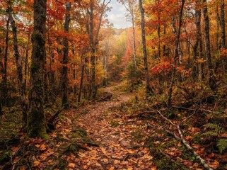 Fototapeta premium A winding dirt path through a vibrant autumn forest with colorful orange and red maple foliage