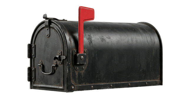 Classic rural mailbox with a curved metal body, front opening door and sturdy traditional construction, photorealistic, front 3/4 view, horizontal orientation, ultra-high-resolution 8K product