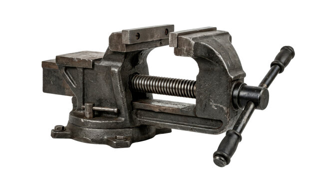Heavy-duty bench vise with cast-metal body, broad serrated jaws, sturdy screw spindle and rotating handle, rugged workshop clamping tool with industrial construction. Photorealistic studio product