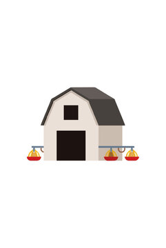 White poultry barn with dark gambrel roof and automated feeding lines suspended on side walls depicted in an agricultural flat vector illustration isolated against a white background