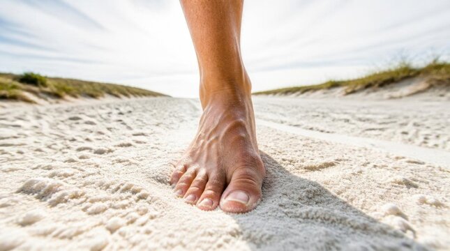 Closeup of bare foot walking on a sandy coastal path during sunny summer vacation.