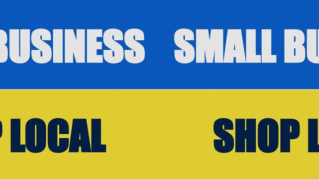 High resolution 4K motion graphic animation featuring a split-screen counter-flow marquee for Small Business Saturday, styled with a digital LED matrix in a vibrant blue and community yellow theme.