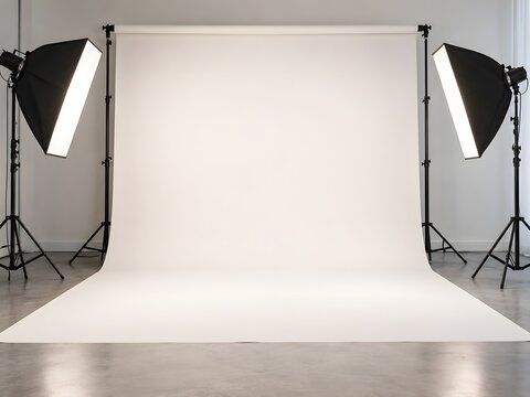 Empty Professional Photo Studio with White Seamless Backdrop and Dual Softbox Lighting