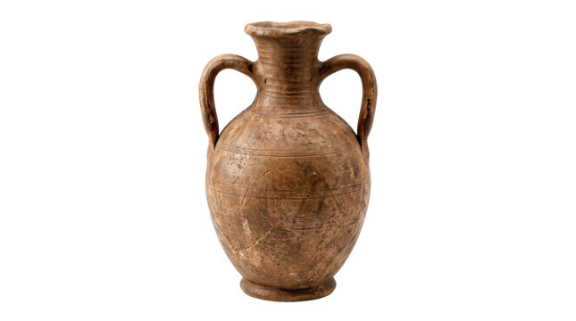 Brown ceramic amphora vase with two curved handles, narrow neck and aged pottery texture, elegant vintage Mediterranean vessel, photorealistic, front 3/4 view, vertical orientation,