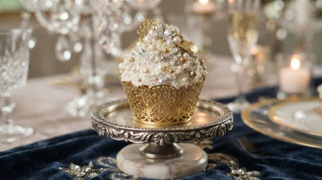 Elegant cupcake decorated with edible pearls and crystals on a vintage silver cake stand