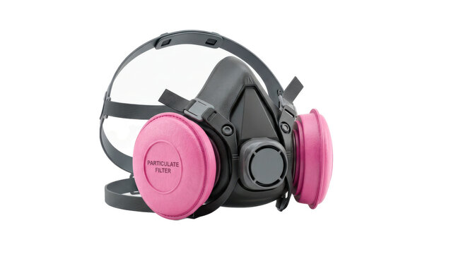 Reusable half-face respirator mask featuring dual pink particulate filter cartridges and an adjustable silicone head harness. Photorealistic, front 3/4 view, horizontal orientation,