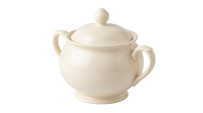 Lidded sugar bowl with a rounded ceramic body, smooth glaze and elegant classic tableware styling, photorealistic, front 3/4 view, vertical orientation, ultra-high-resolution 8K commercial stock