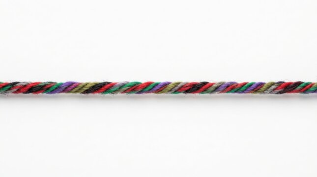 A single piece of colorful twisted rope or decorative string laid out in a straight horizontal line