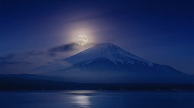 澄んだ夜空とおぼろ月の光、雪化粧の富士山と静かに波打つ湖畔に映る月影