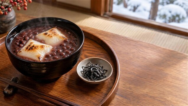 雪の見える和室で味わう焼き餅入りぜんざい