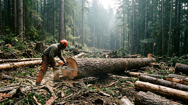 Logging activity in a dense forest with heavy machinery and fallen trees during daylight