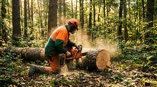 woodcutter cutting down a tree in a lush forest with safety gear and modern chainsaw for forestry management