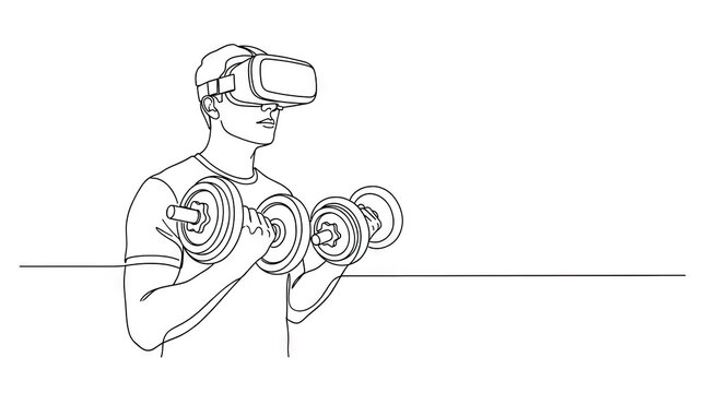 Continuous line drawing of man in VR headset exercising.