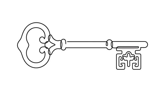 Detailed vintage skeleton key with ornate bow line art.