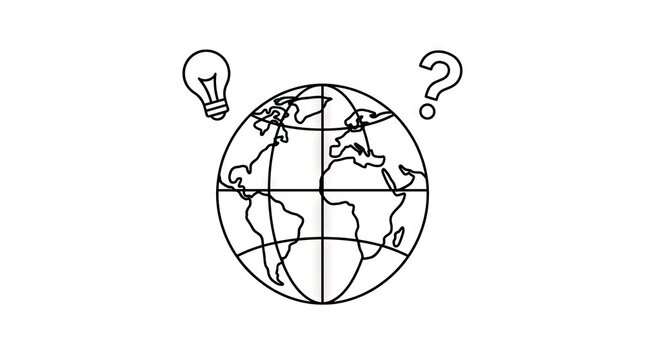 Earth globe with lightbulb and question mark line art.
