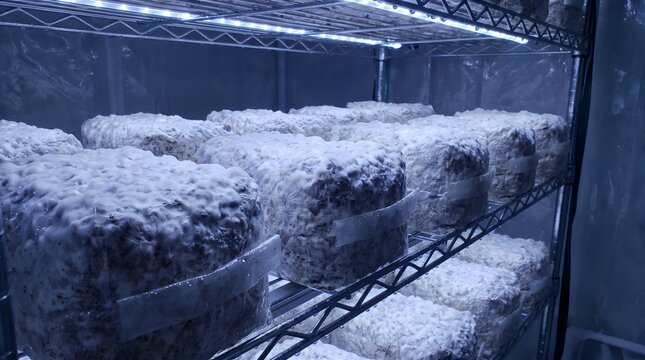 Mushroom mycelium grow bags on shelf under light