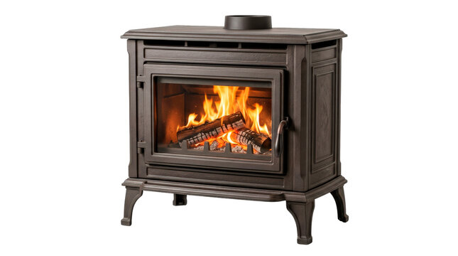 Freestanding fireplace with classic dark metal body, framed firebox opening, sturdy rectangular form, and cozy traditional heating design as one cohesive object. Photorealistic, front 3/4 view,