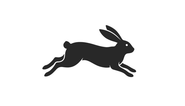 Elegant black silhouette of a running wild rabbit leaping gracefully across a plain white background.