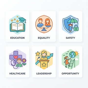 Diverse social advocacy concept icons representing education equality safety healthcare goals.