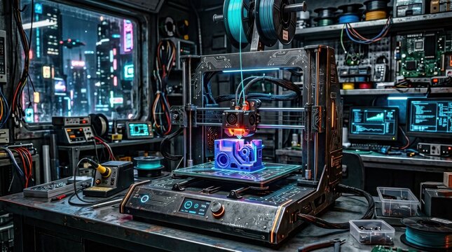 Futuristic 3D printer working in a cyberpunk workshop with a neon cityscape view.