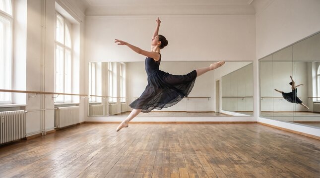 Female ballet dancer wearing black leotard, in grand jete split pose mid air, leaping gracefully across wooden floor, spacious dance studio with large mirrors, performing arts photography