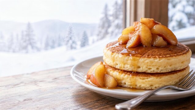 雪景色の窓辺でりんご煮を添えたホットケーキ