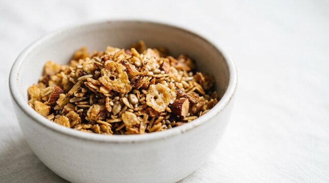 Healthy granola bowl with oats, nuts and seeds for a nutritious breakfast.