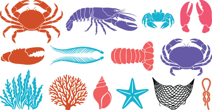 Colorful seafood fauna featuring purple crayfish orange crab pincers net seashell starfish coral reef seaweed knot