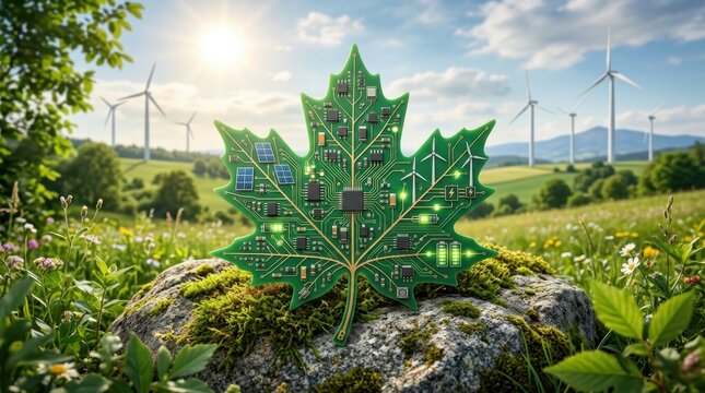 Green electronic circuit board shaped like a maple leaf on a mossy stone with wind turbines.