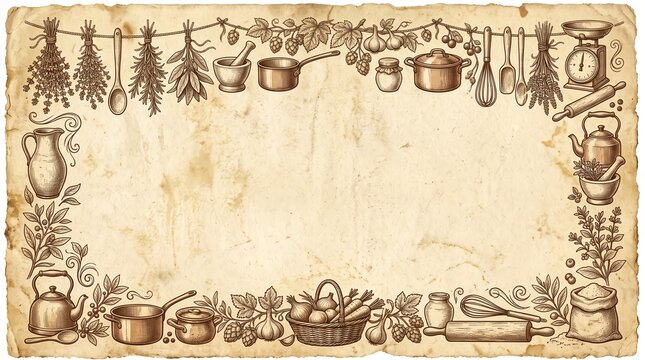 Vintage kitchen frame with herbs, utensils and copper pots drawn on aged parchment paper. Hand-drawn border with mortar, pestle, kettle and vegetables. Rustic cooking menu design.
