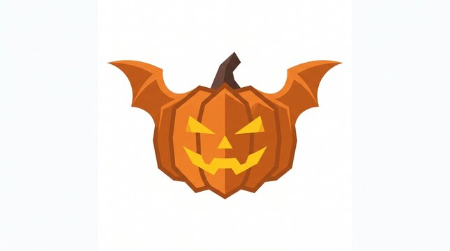 Minimalist jack o lantern icon with bat wings flat vector graphic for halloween web design.