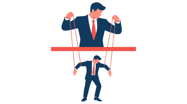 Businessman as puppeteer controlling his smaller duplicate as marionette puppet with strings, symbolizing self control, self discipline and inner conflict in modern flat vector illustration