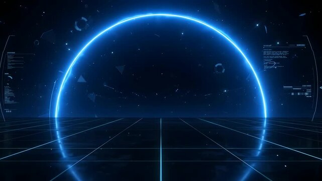 Futuristic Blue Neon Arc Light Horizon Background Abstract Sci-Fi Dark Space Technology