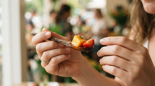Woman holding a wooden spoon with mango and strawberry dessert with syrup and mint leaf