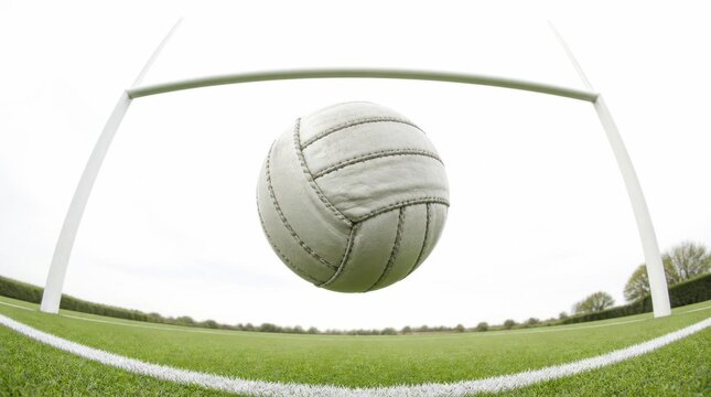 Leather Gaelic football flying through goalposts over a green sports pitch during a match.