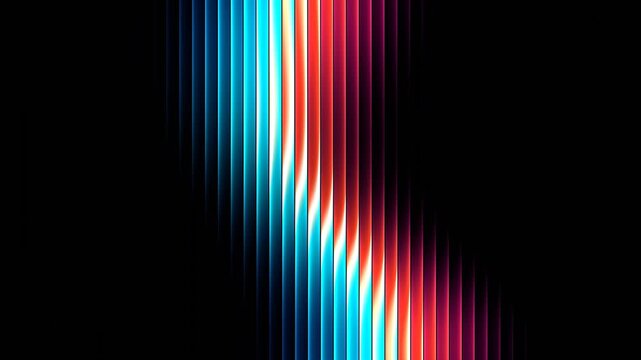 Luminous fractal glass animation featuring vibrant cyan and red light refractions waving across vertical fluted panels
