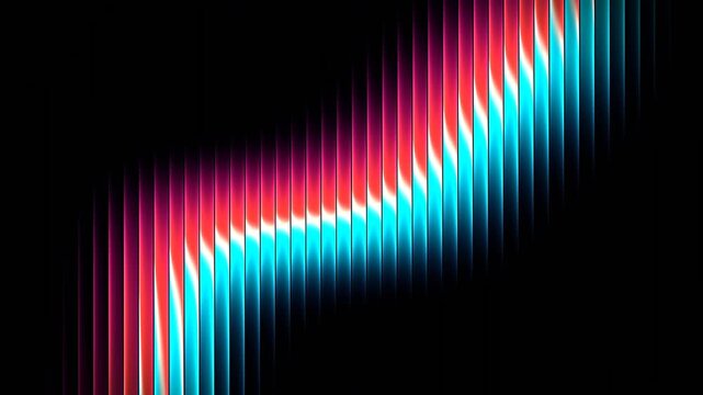 Abstract fluted fractal glass background featuring neon cyan and magenta glowing light waves moving through vertical ribbed glass panels
