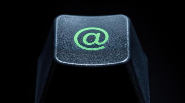 Macro closeup of a keyboard key featuring a green at symbol for email and communication concepts.
