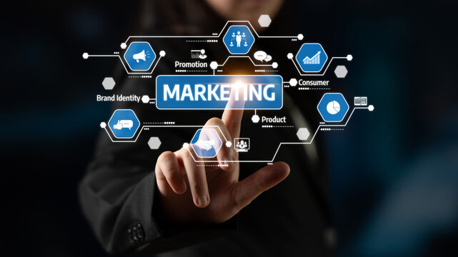 A business professional interacts with digital marketing strategies displayed on a modern interface, highlighting the importance of innovation and consumer engagement. Tessel