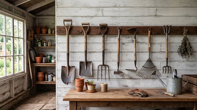 Assorted gardening tools hanging on a white wooden plank wall inside a bright rustic garden shed