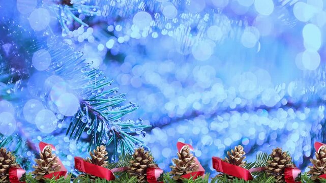 Christmas Greeting Card with Frosty Pine Needles, Pine Cones, and Red Ribbons on Blue Bokeh Background. Smooth connection for a YouTuber