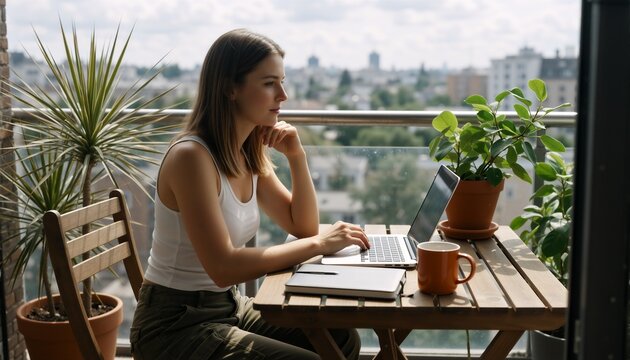Woman working remotely on a balcony overlooking a city in a home office setting.
