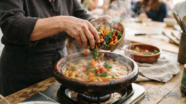 Chef adds fresh chopped vegetables to a steaming pot of stew on a rustic wooden table