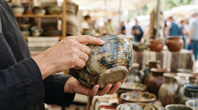 Customer Inspecting Unique Glazed Ceramic Bowl at Outdoor Market Stall