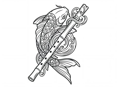 Japanese style koi tatto vektor with flute and waves line art