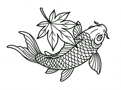 Koi tatto vektor japanese fish design with maple leaf line art