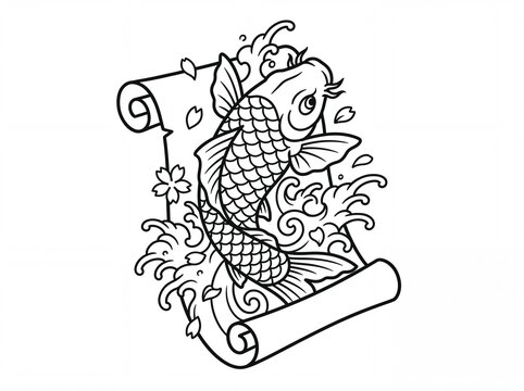Koi tatto vektor illustration of japanese fish and traditional scroll
